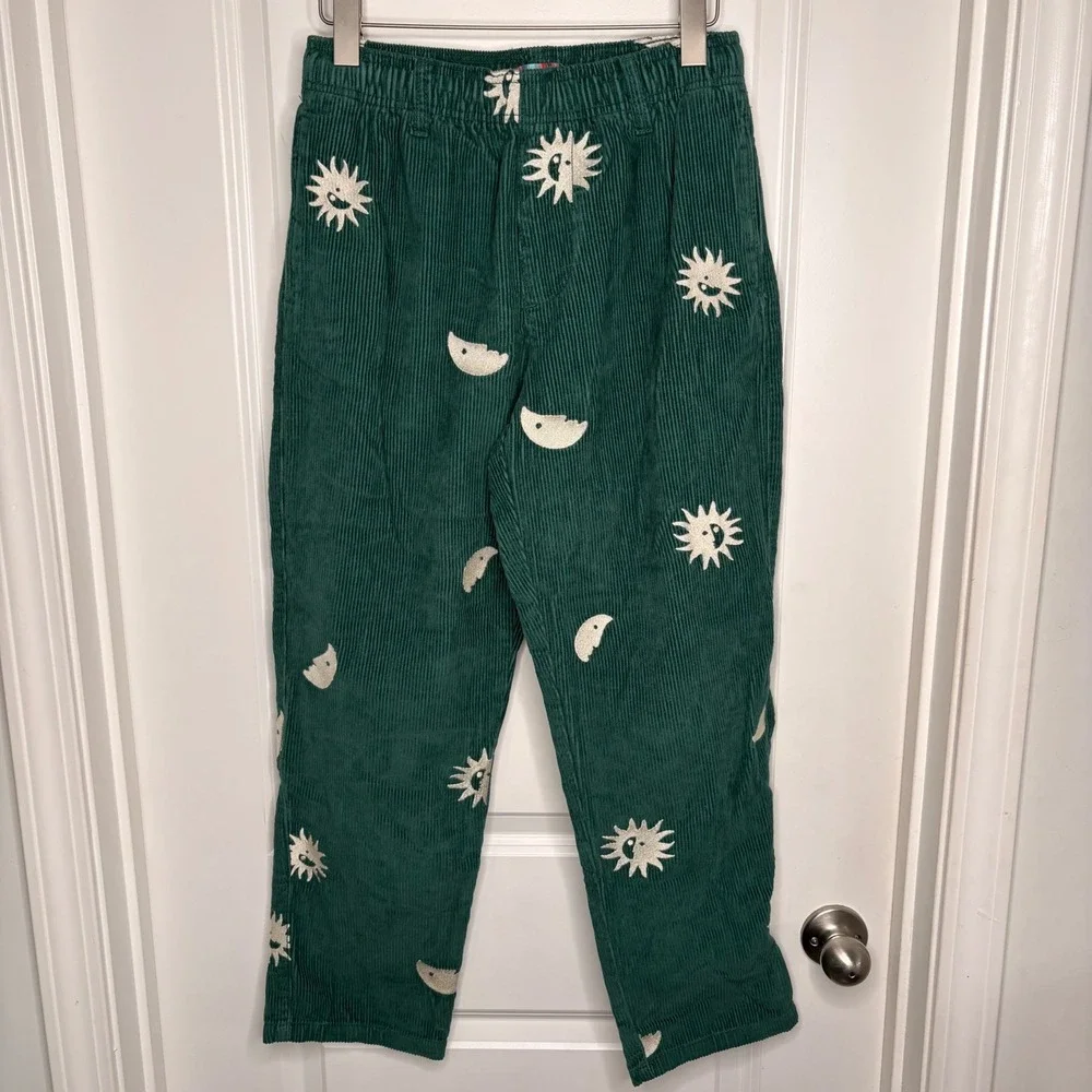 Urban Outfitters Mens Green Corduroy Sun Moon Embroidered Beach Pants Small